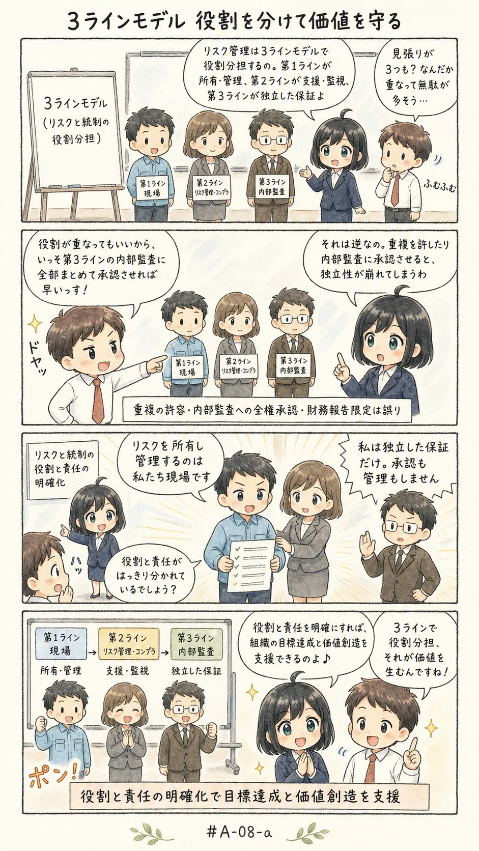 4コマ漫画「3ラインモデル」：役割を分けるのが目的、重ねるのは目的ではない