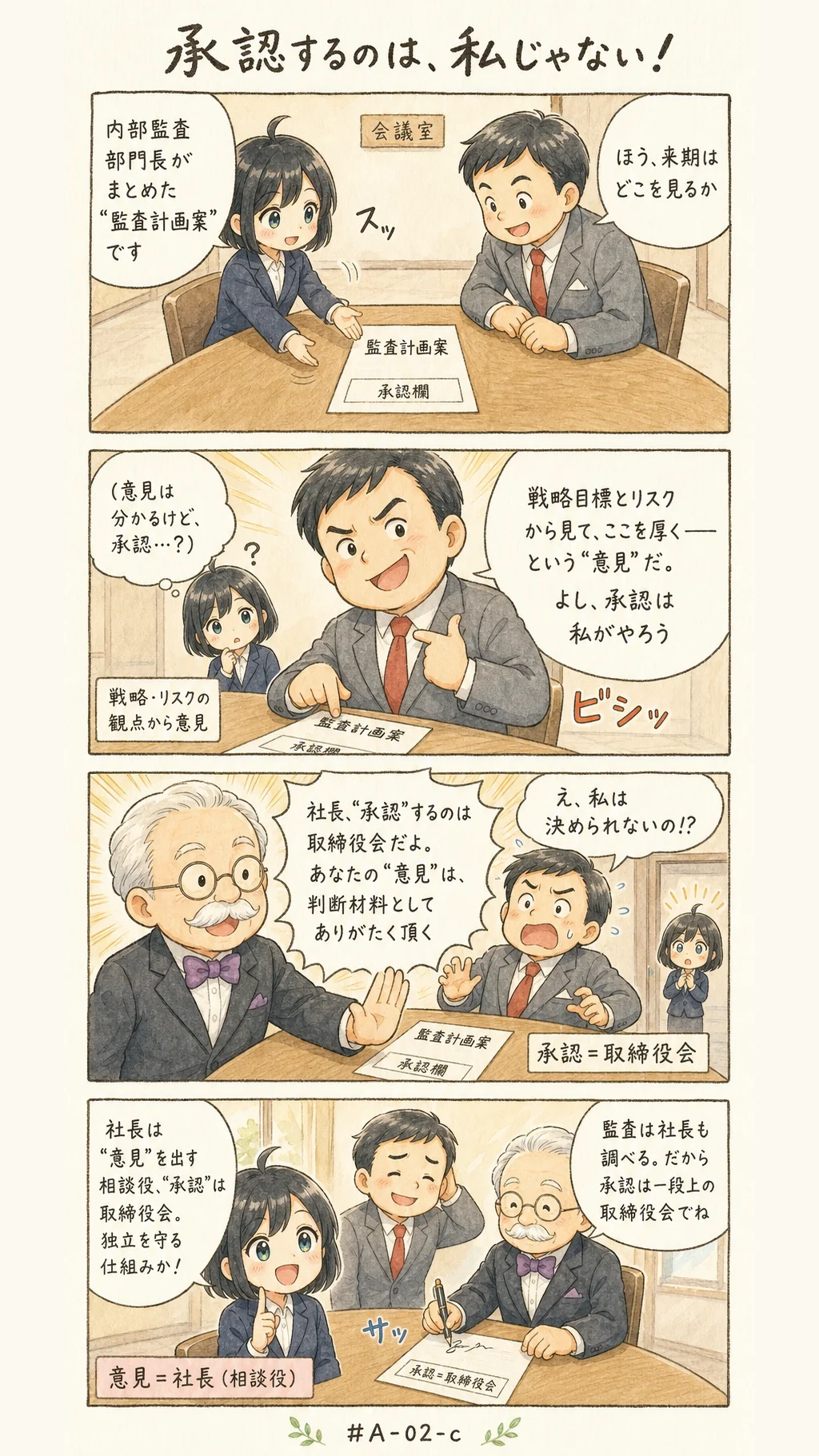 4コマ漫画: 権限・役割・責任を決めるときの取締役会と最高経営者