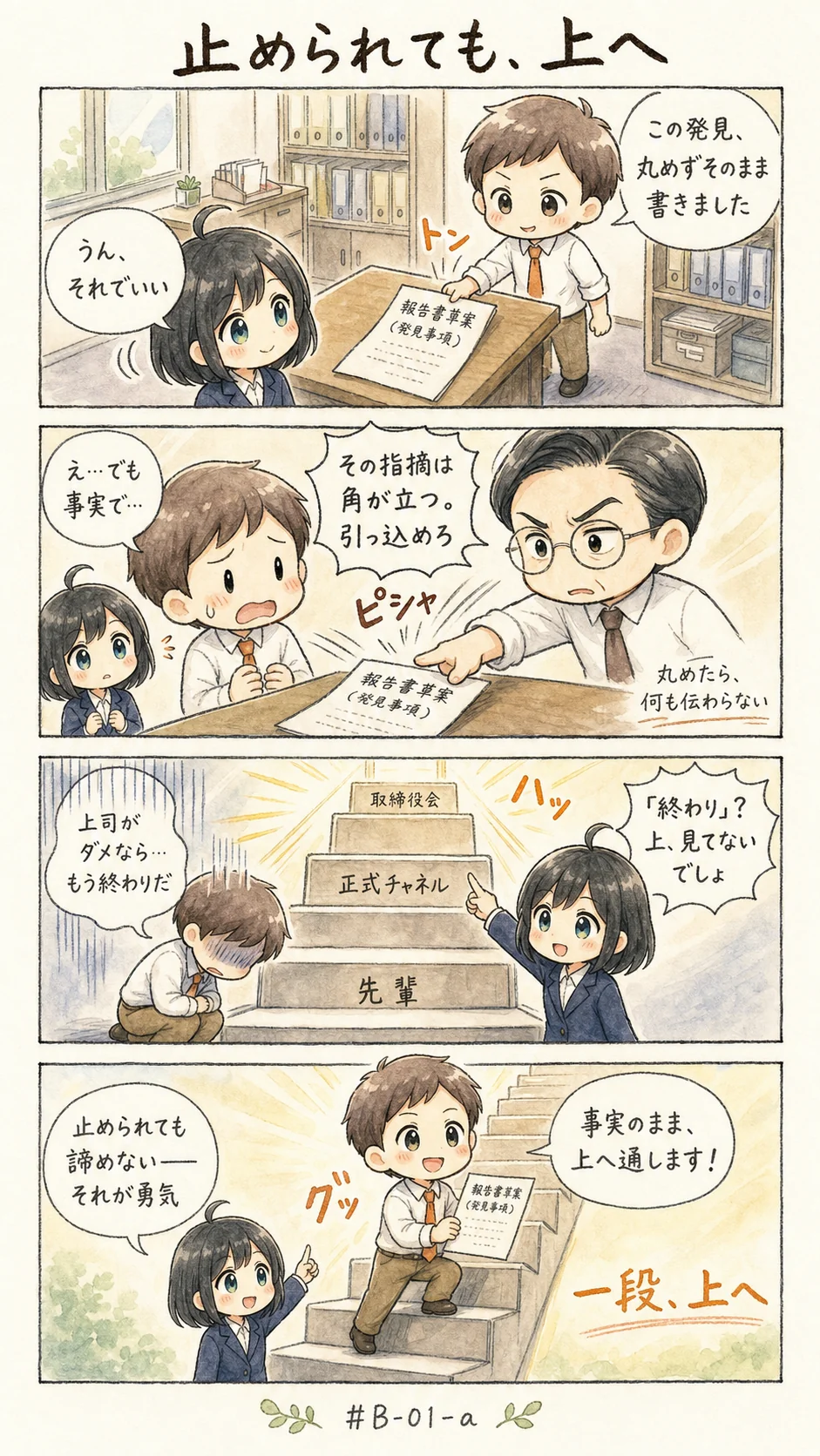 4コマ漫画: 圧力の中で、正直さと勇気をどう示すか