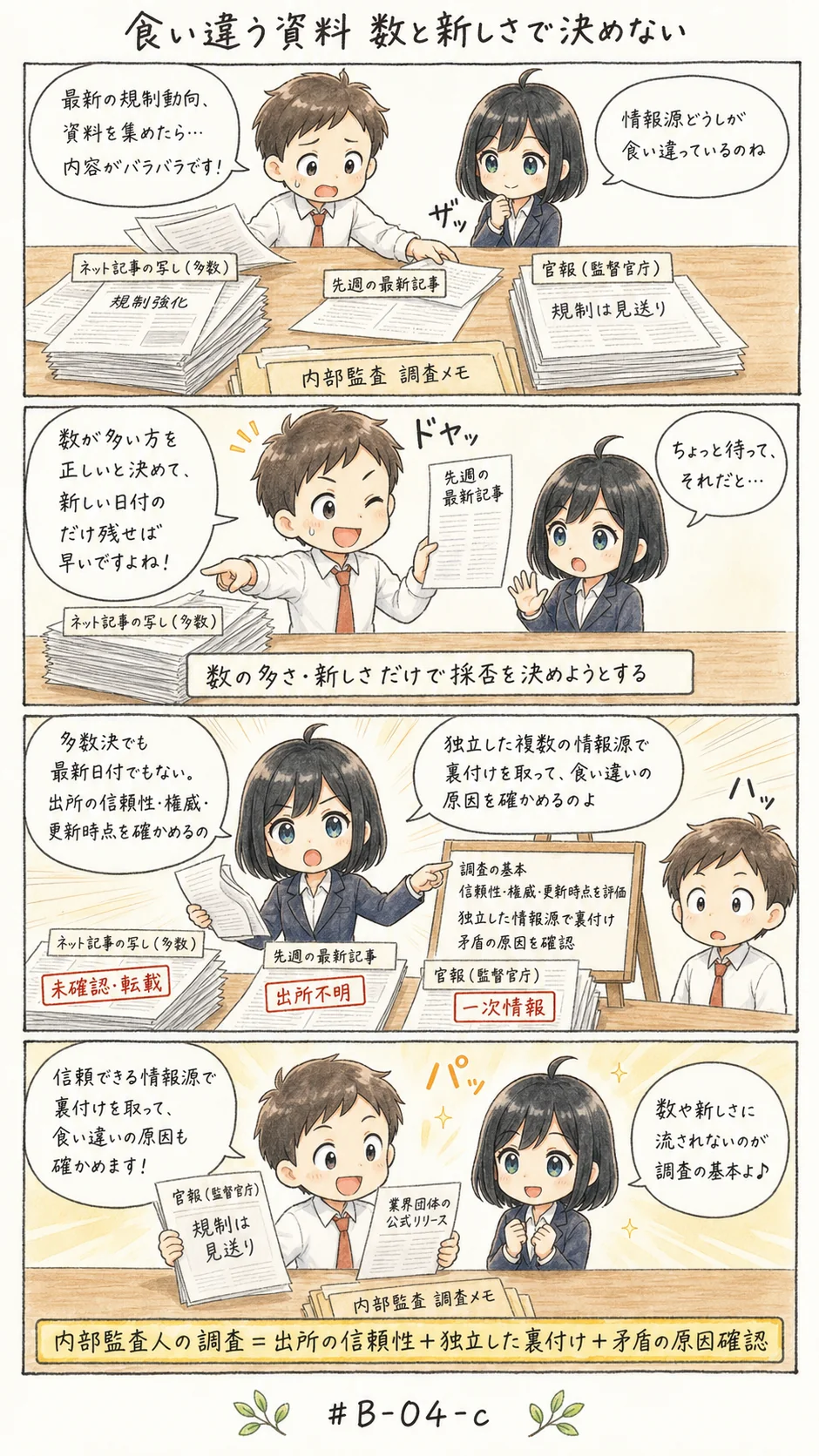 4コマ漫画: 情報を集めて確かめる調査スキル