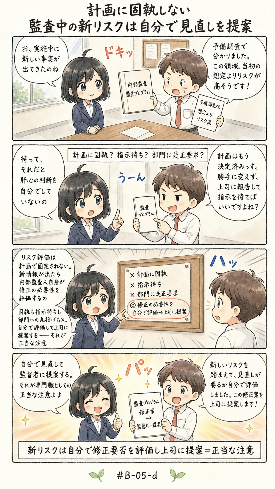 4コマ漫画: リスクの発生可能性は、業務の途中でも評価し続ける