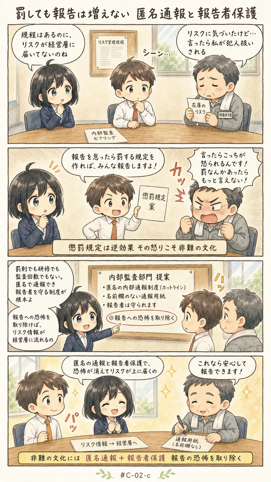 4コマ漫画: 意思決定のプロセスが、ガバナンス・リスクマネジメント・コントロールに与える影響