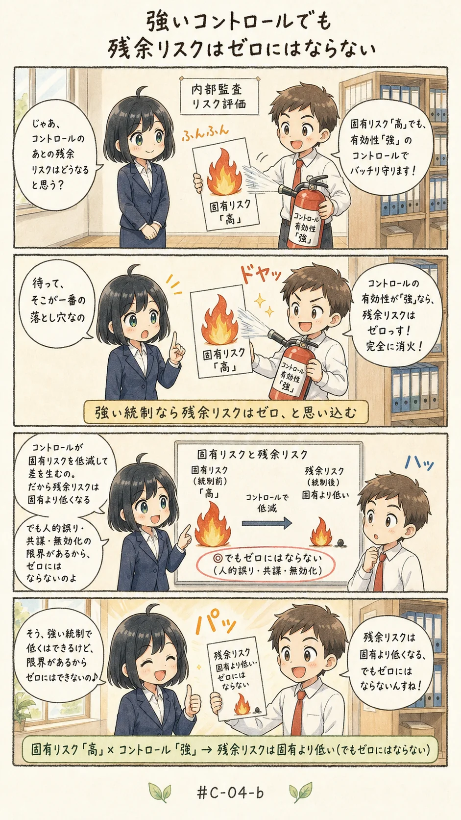 4コマ漫画: 固有リスクと残余リスクを比較対照する