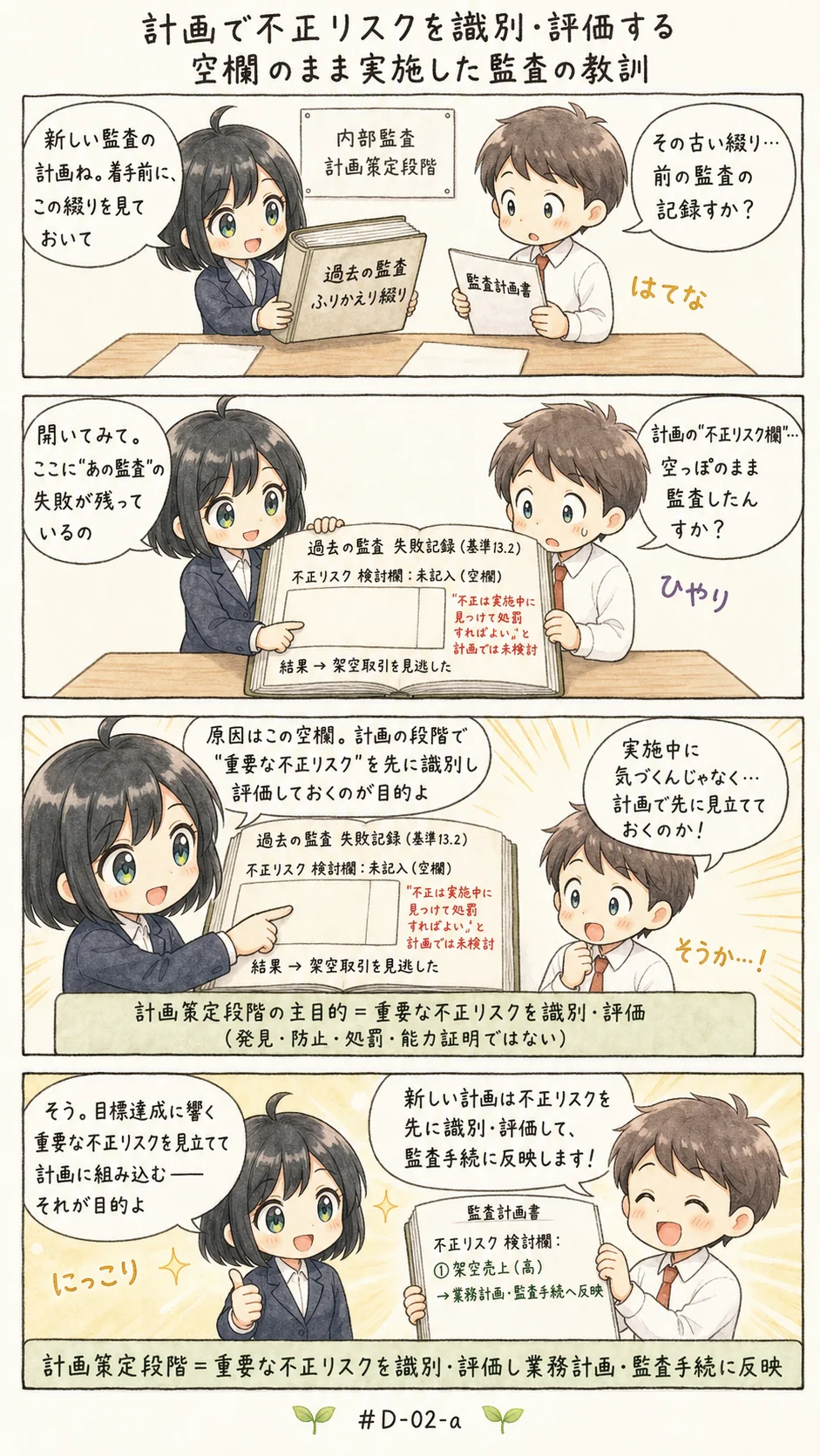 4コマ漫画: 計画の段階で不正リスクを見立てる