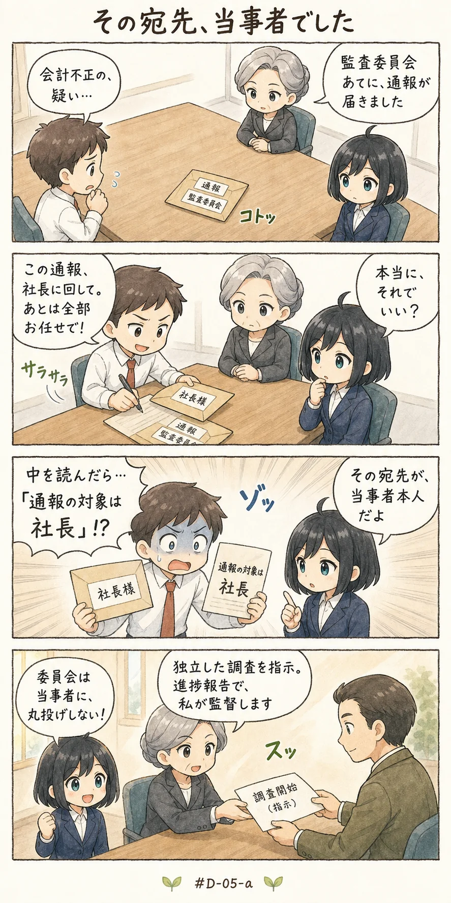 4コマ漫画: 不正の通報が届いたあと、誰が何をするのか