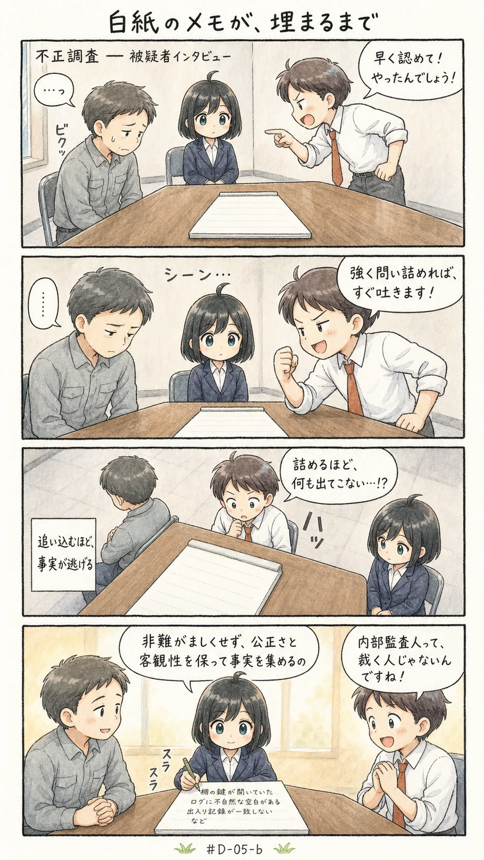 4コマ漫画: 事実を集める聞き方、事実を遠ざける聞き方