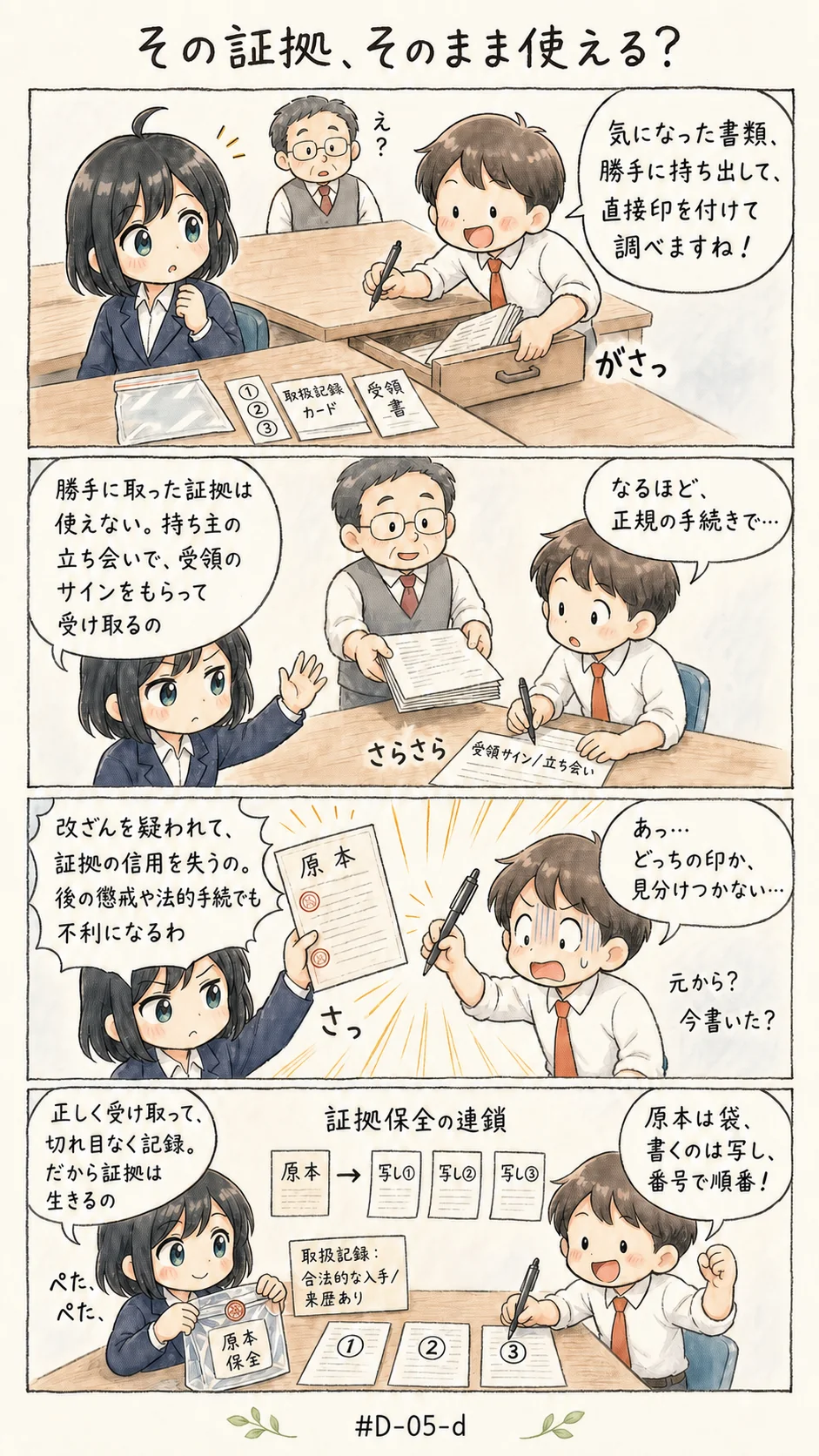 4コマ漫画: 証拠は、出所と扱い方で強さが決まる