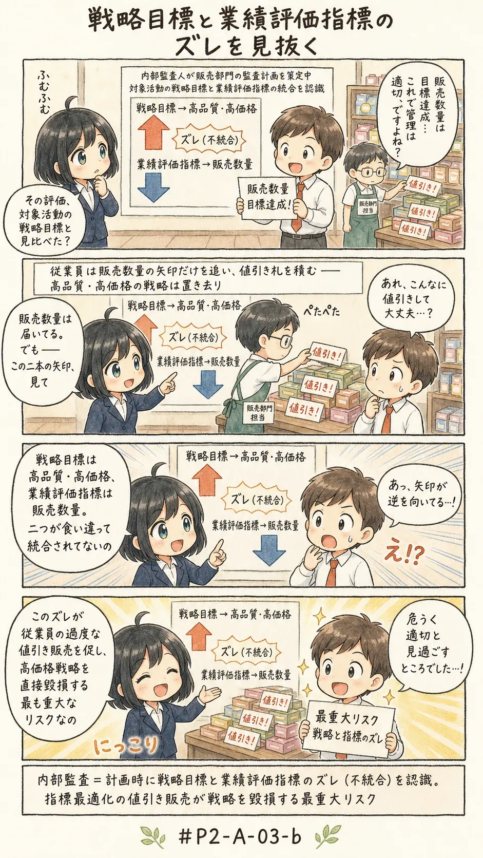 4コマ漫画: 戦略の狙いと、業績を測る物差しが食い違うとき