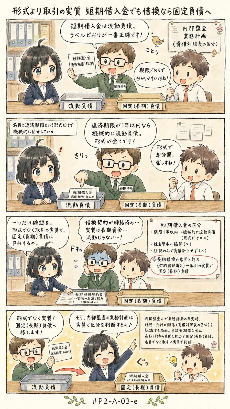 4コマ漫画: 1年以内に返す借入金を、どこに区分するか