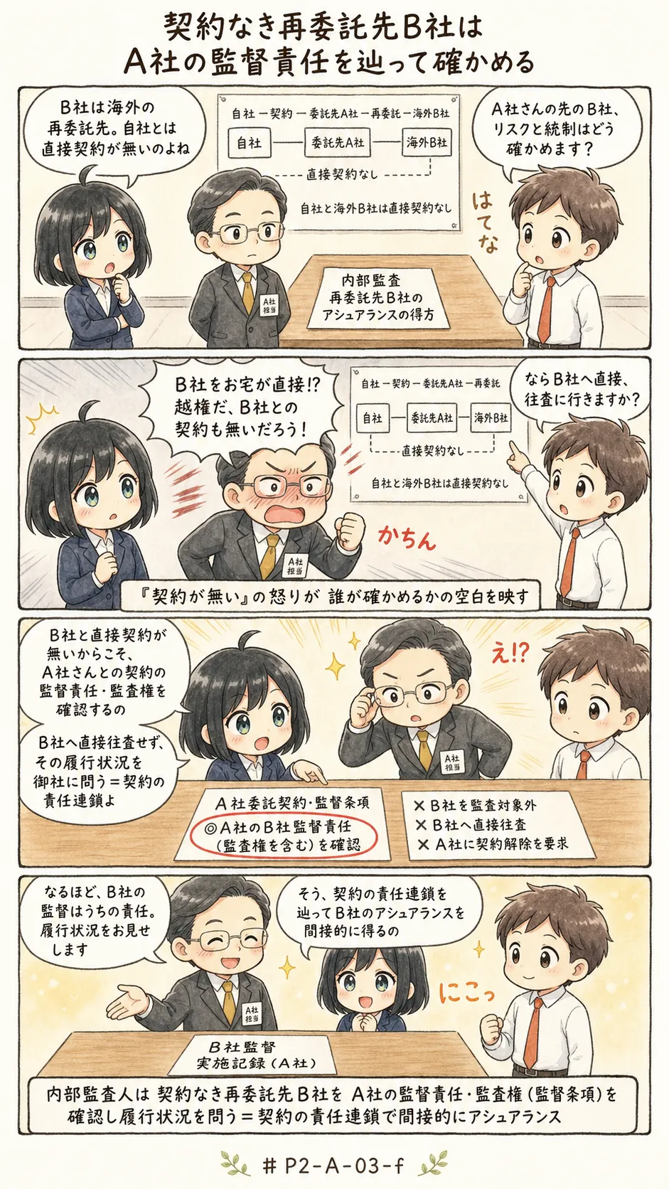 4コマ漫画: 契約でつながっていない相手を、どうやって確かめるか
