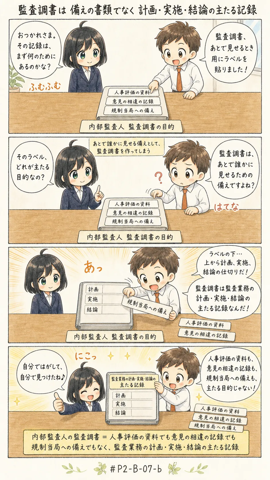 4コマ漫画: 完全かつ十分な証拠が含まれている監査調書の要素を識別する