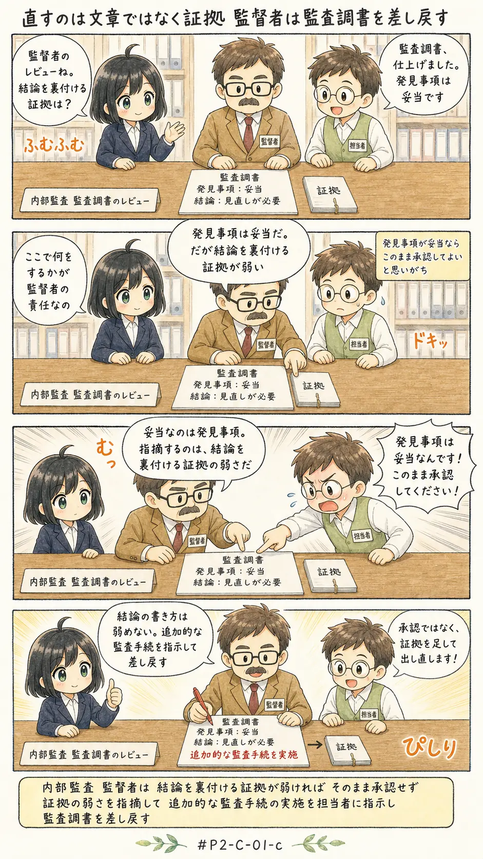 4コマ漫画: 監査調書のレビューで、監督者が見ている一点