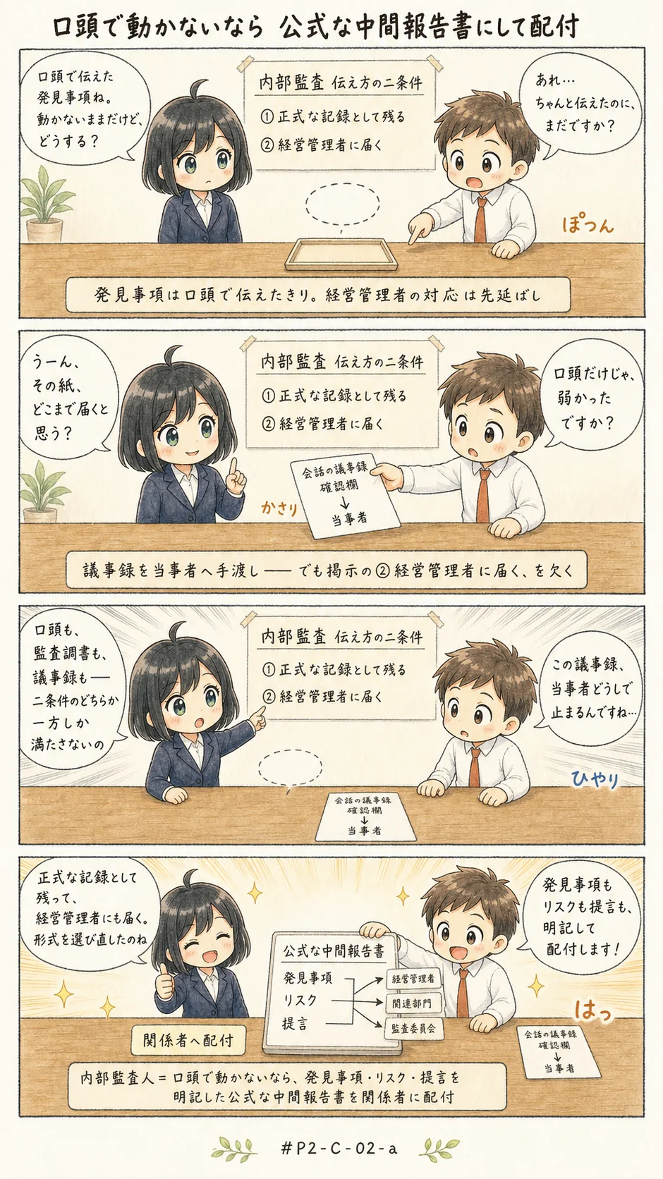 4コマ漫画: 監査の各段階で、どの形式で伝えるかを決める