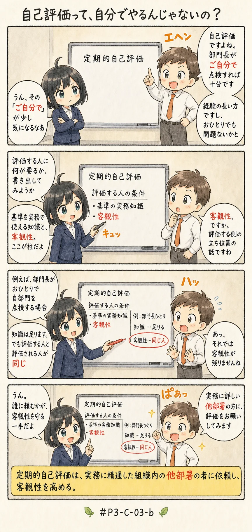 4コマ漫画: 定期的自己評価は、誰が実施するのか