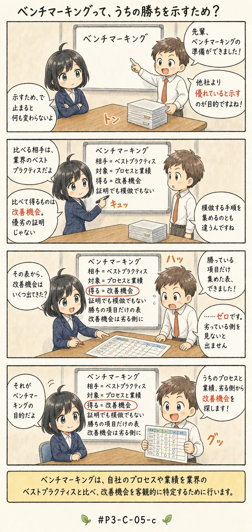 4コマ漫画: ベンチマーキングは何のために比べるのか