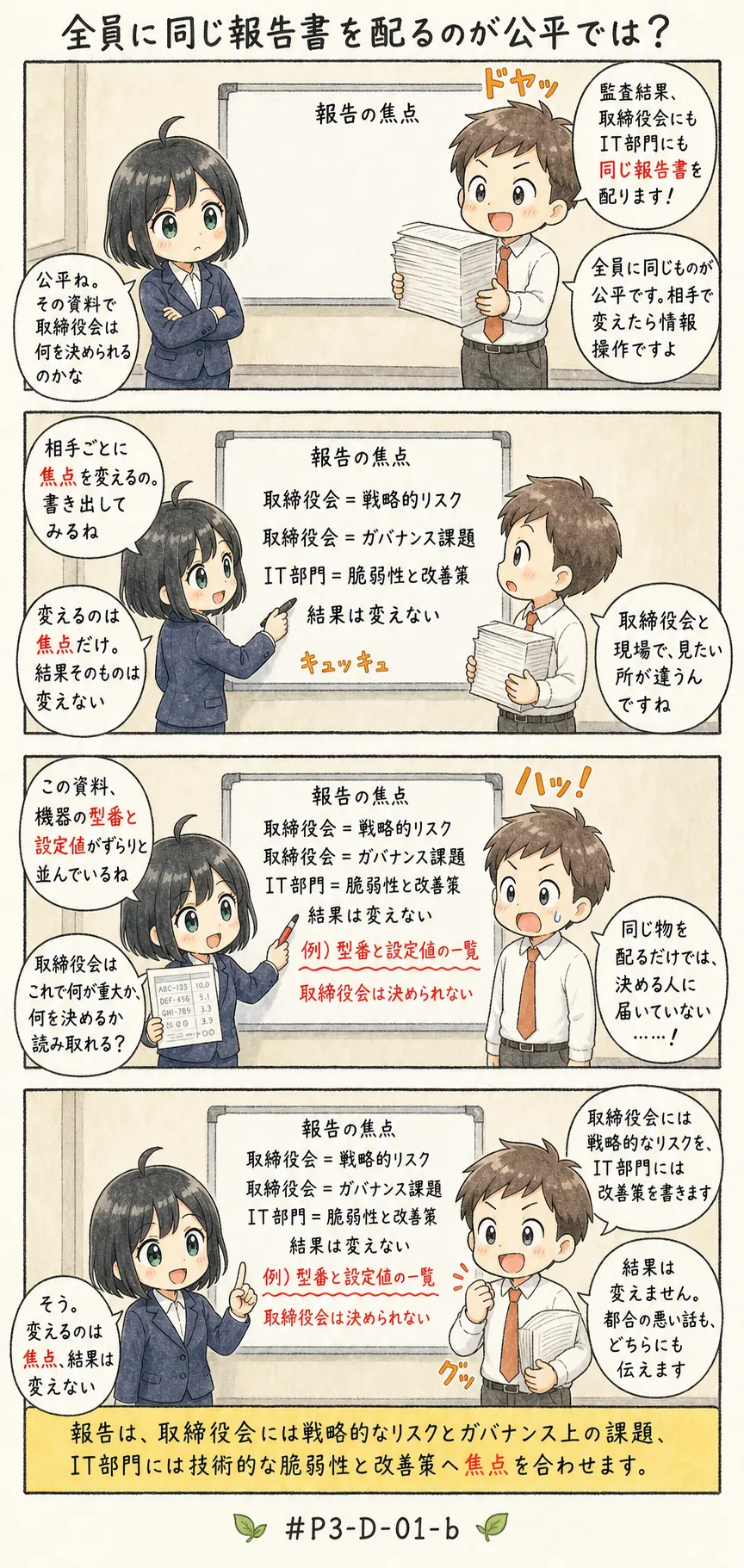 4コマ漫画: 誰に、どの焦点で伝えるか