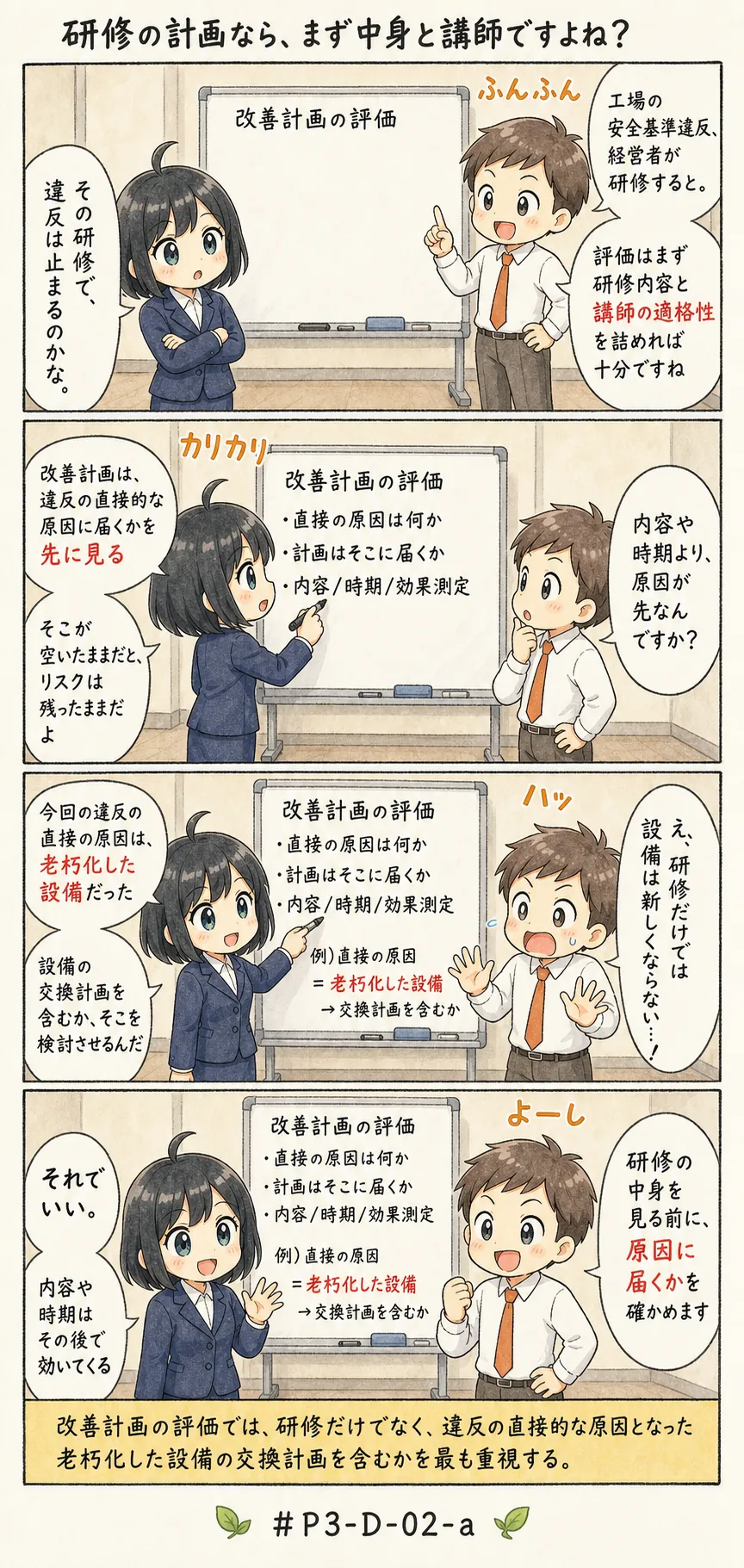 4コマ漫画: 発見事項を組み立てる四つの部品と、原因の見きわめ
