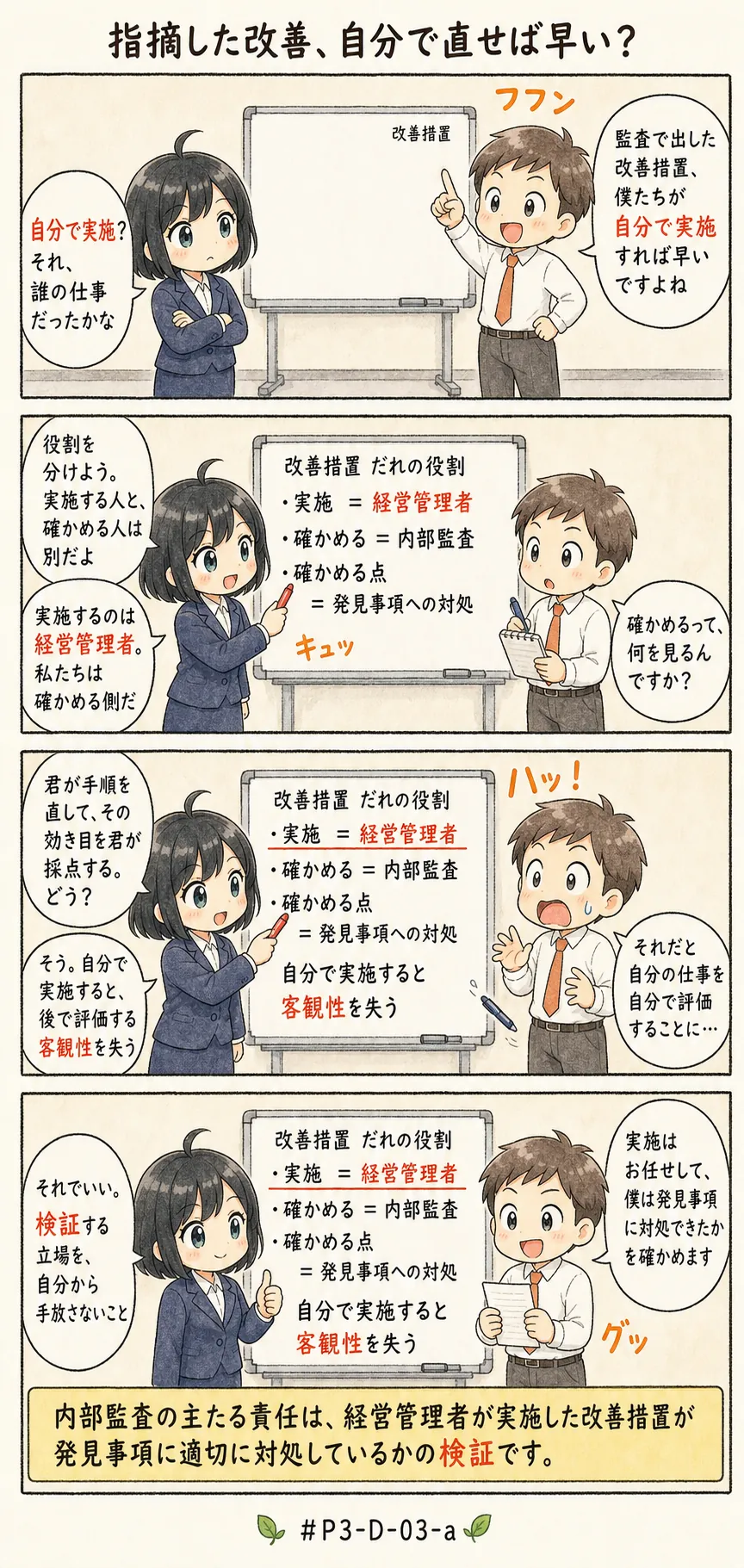 4コマ漫画: 改善措置を追いかける仕事で、内部監査部門が負うもの