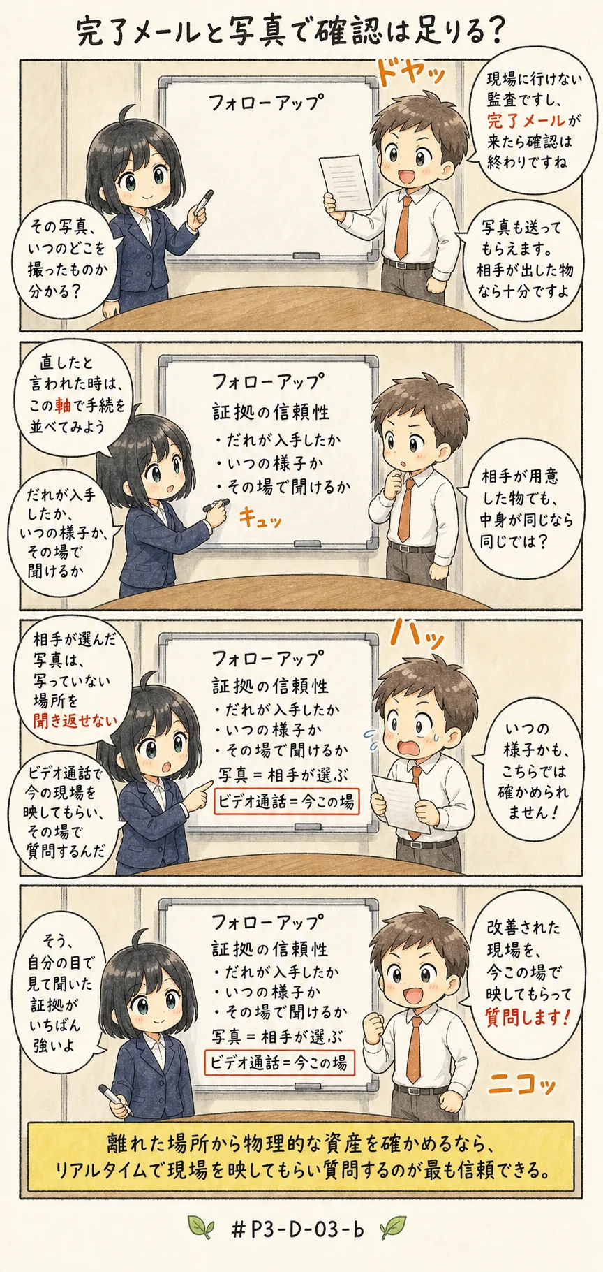 4コマ漫画: 実施されたという申告を、どの手続で確かめるか
